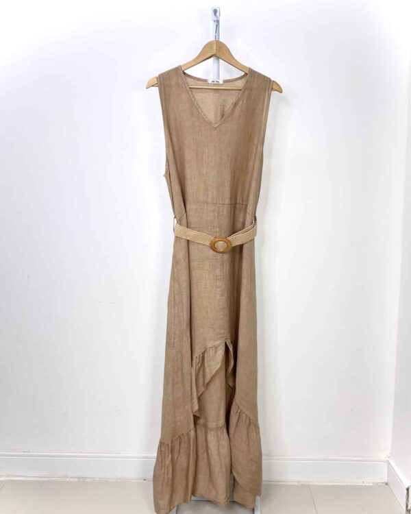 Vestido linho marrom com cinto ANYMA - M - VENDIDO SISTEMA OTO