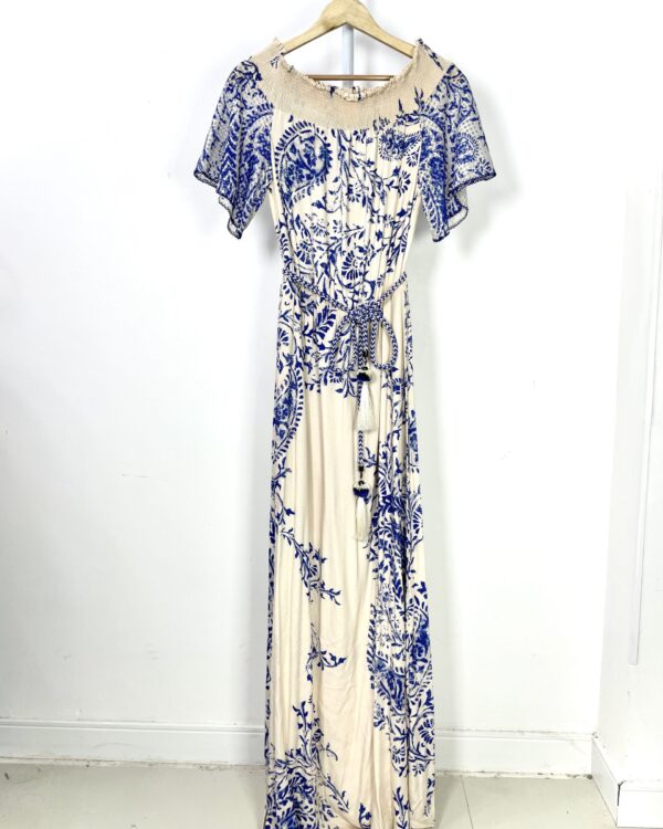 Vestido longo estampado bege e azul lastex MORENA ROSA - P - VENDIDO SISTEMA OTO