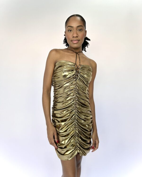 Vestido curto alça amarração dourado metalizado LORENA CAMPELLO- PP - VENDIDO SISTEMA OTO