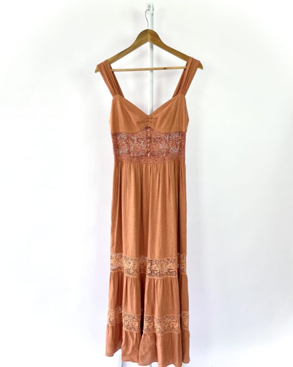 Vestido linho terracota longo com detalhes CRIS BARROS - 40 - VENDIDO SIST OTO