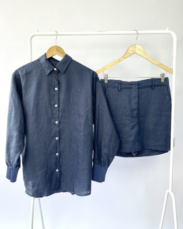 Conjunto short saia e camisa de linho azul marinho HIT - PP - VENDIDO SIST OTO