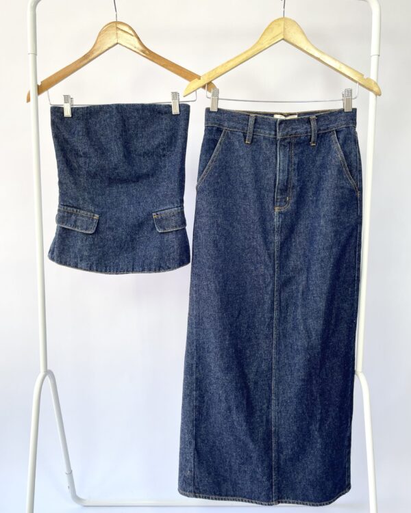 Conjunto jeans saia longa e croped sem alça BONNE SOIREE - 34 - VENDIDO SIST OTO