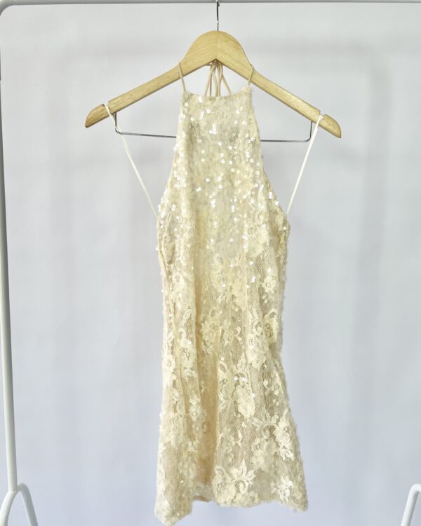 Vestido curto renda com paetes bege BONNE SOIREE - PP - VENDIDO SISTEMA OTTO