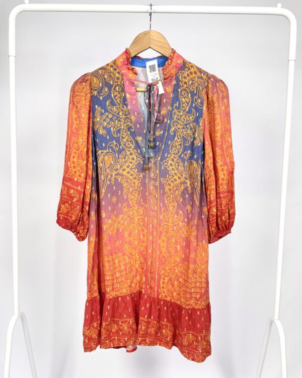 Vestido curto manga estampado detalhes dourado FARM - PP VENDIDO SISTEMA OTO