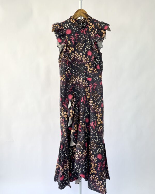 Vestido midi azul com estampa e babados EVA - 38 - VENDIDO SISTEMA OTO