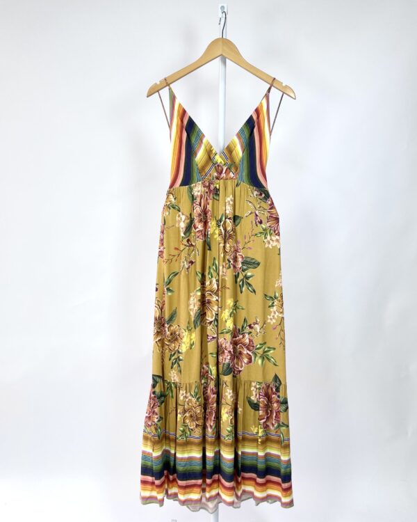Vestido longo mostarda com estampa alças cruzadas - P - VENDIDO SISTEMA OTO