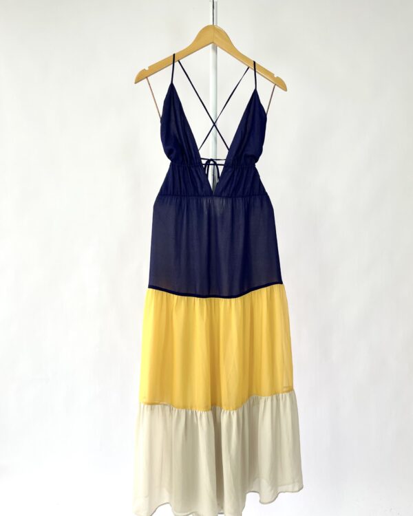 Vestido amarelo e azul com decote VICTORDZENK - P - VENDIDO SIST OTO