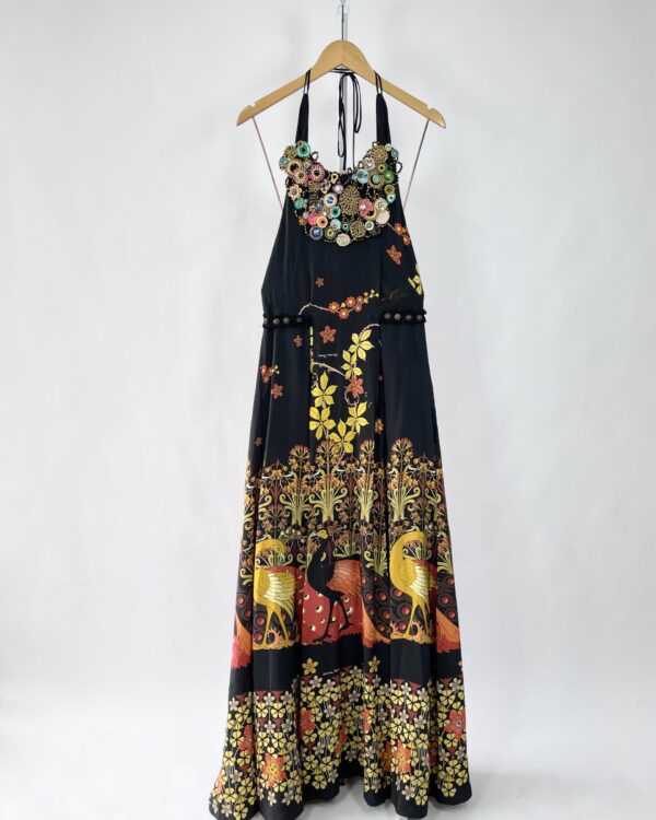 Vestido seda preto estampado com bordados ADRIANA BARRA- 38 - VENDIDO SISTEMA OTO