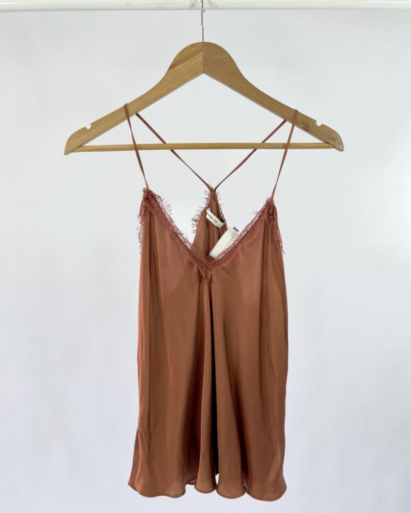 Regata acetinada com renda marrom DRESS TO - M - VENDIDO SISTEMA OTO