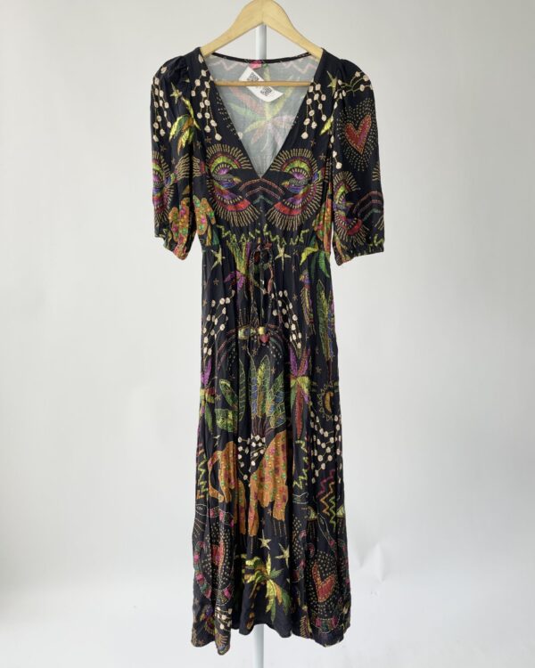 Vestido midi preto estampado FARM - PP - VENDIDO SISTEMA OTO