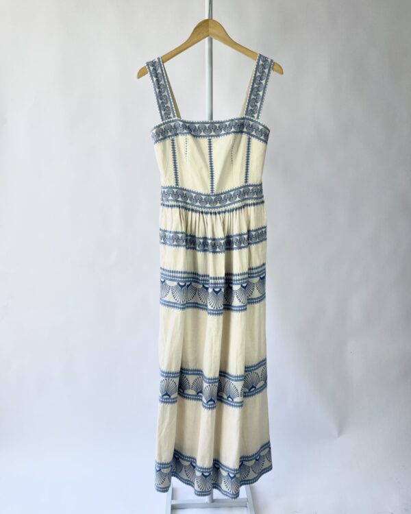 Vestido linho bege com bordados azuis MIXED - 38