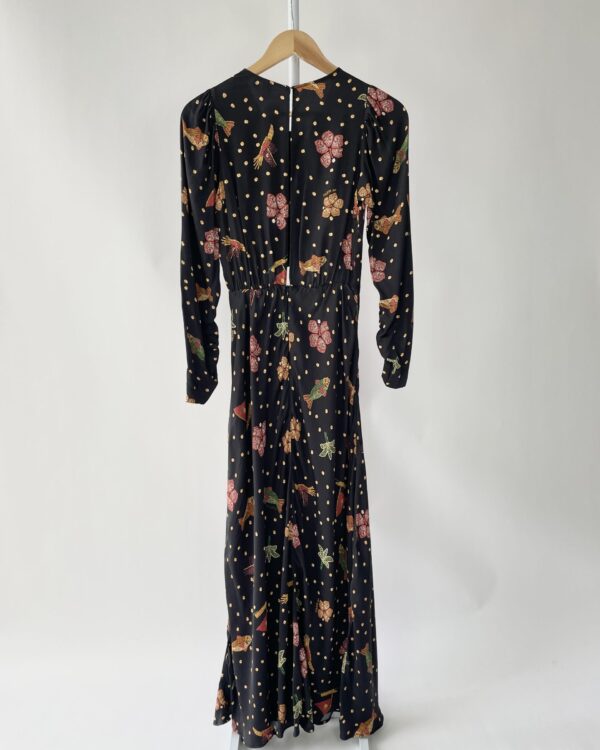 Vestido preto recortado acetinado com estampa poás dourados FARM - P - VENDIDO SISTEMA OTO