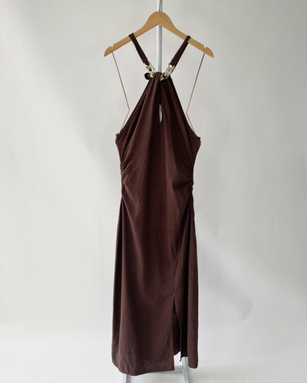 Vestido linho marrom com detallhe na gola ZARA - M - VENDIDO SISTEMA OTO