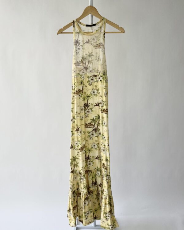Vestido midi amarelo estampa coqueiros e flores detalhe tela ANIMALE - P - VENDIDO SISTEMA OTO