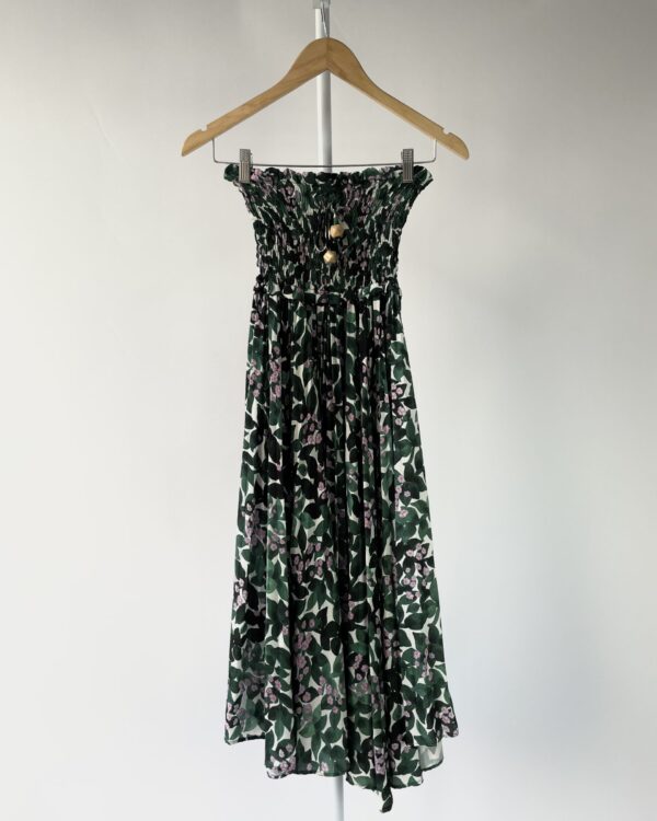 Vestido midi verde estampa folhagem lastéx no busto BURJ - PP - VENDIDO SISTEMA OTO