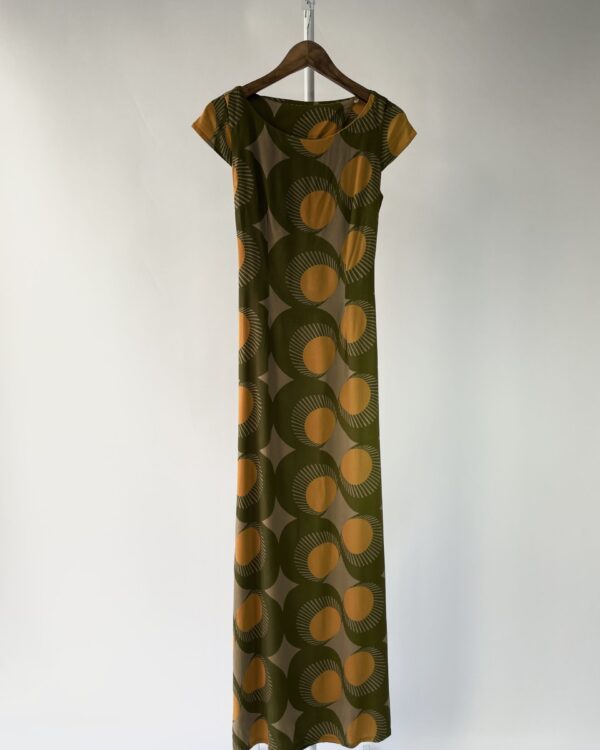 Vestido longo verde e amarelo estampa geométrica TOTEM - P - VENDIDO SISTEMA OTO