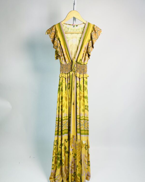 Vestido longo amarelo estampado lastex na cintura FARM - PP - VENDIDO SISTEMA OTO