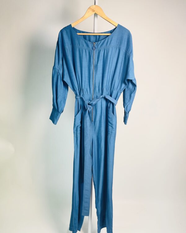 Macacão linho manga longa azul com faixa na cintura A.BRAND - 38