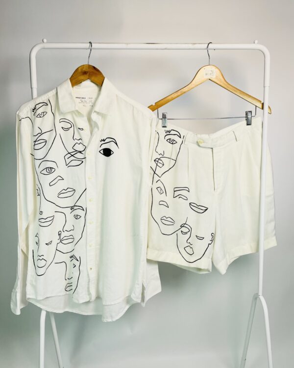 Conjunto bermuda e camisa branca com estampa desenhos pretos MARFINNO - M - VENDIDO SISTEMA OTO