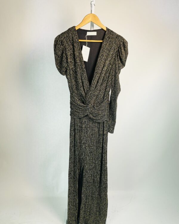 Vestido longo preto e dourado decote v manga longa VIC - M - VENDIDO SISTEMA OTO