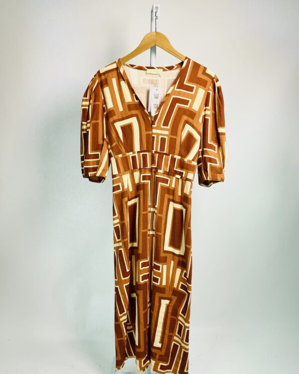 Vestido decote v midi padronagem em tons de marrom linho LINNEN - 40