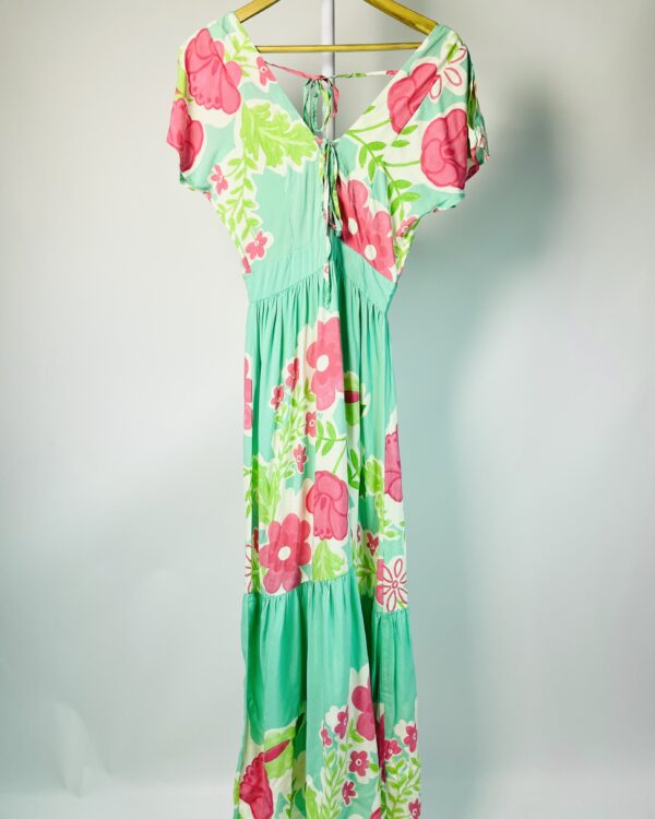 Vestido longo estampado tons de verde e rosa GATTO BLU - P