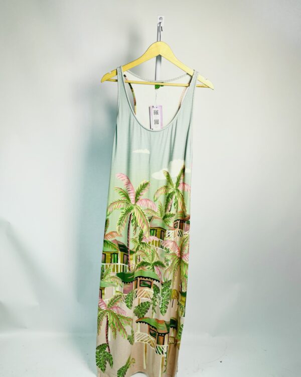 Vestido midi malha canelada azul com verde e rosa FARM - G