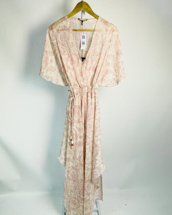 Vestido midi fluido bege e rosaclado com estampas e fios de lurex MAJE - 38 - VENDIDO SISTEMA OTO