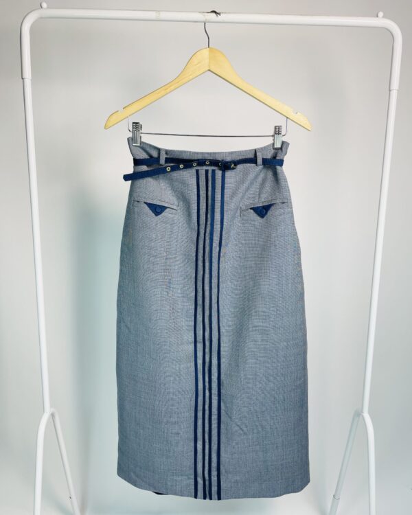Saia midi lã cinza com detalçhes em azul marinho e cinto fino LINNEN - 38 - VENDIDO SISTEMA OTO