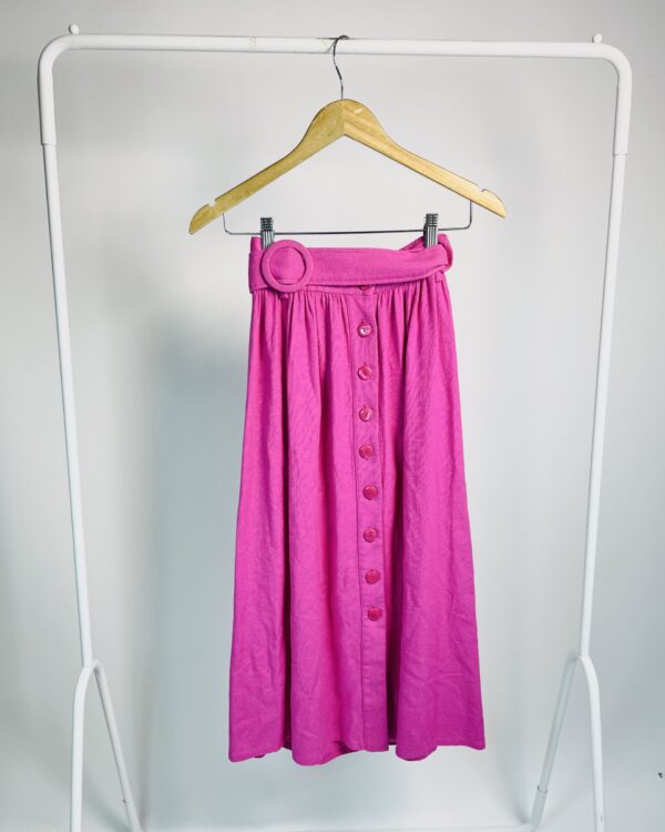 Saia midi rosa linho botões na frente e cinto NV - 34