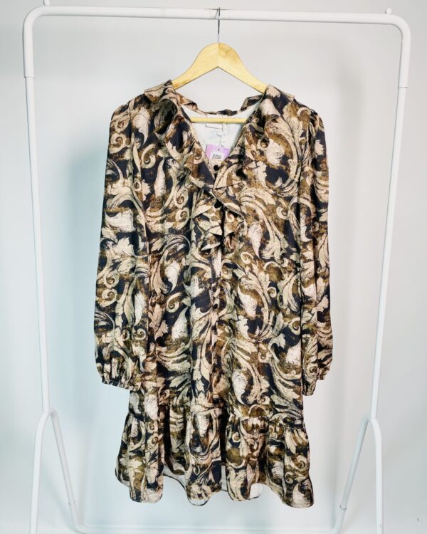 Chemise curta marrom estampada babados e laço na gola KARMANI - P *nunca usado* - VENDIDO SISTEMA OTO