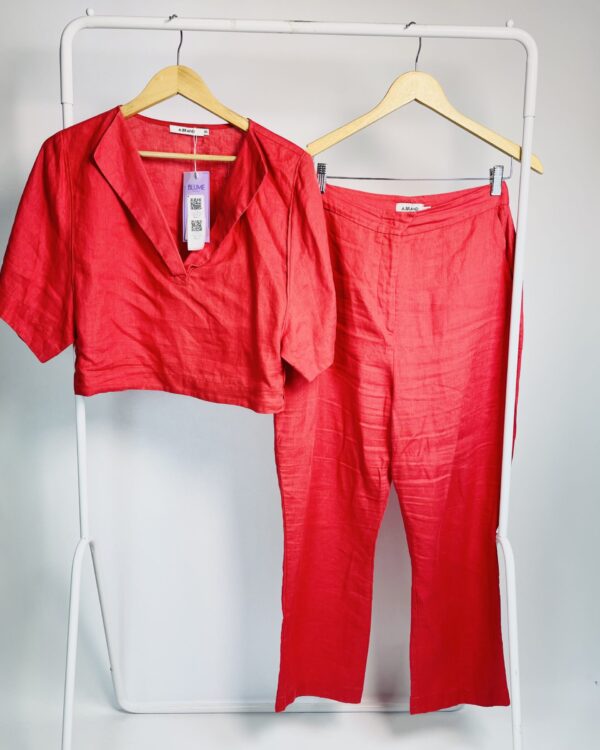 Conjunto vermelho linho calça e blusa cropped com gola v ABRAND - 40 - VENDIDO SISTEMA OTO