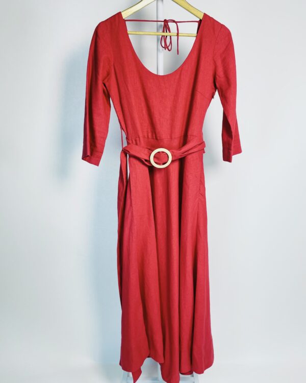 Vestido midi vermelho com mangas e faixa linho EVA - 38 - VENDIDO SISTEMA OTO