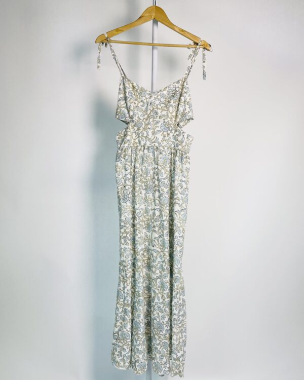 Vestido algodão midi branco com estampa azul e bege recorte na cintura e lastex nas costas HOUSE OF DOL - P *nunca usado*