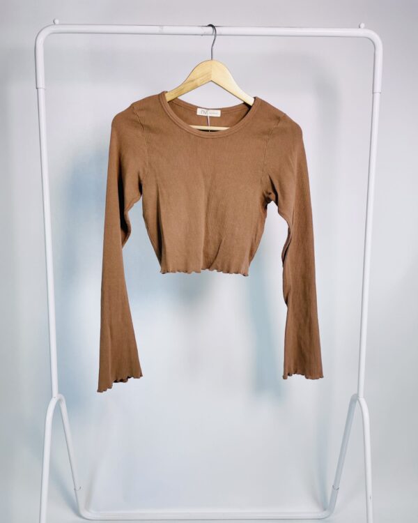 Blusa cropped marrom  manga longa malha canelada 'Isla' NV - G - VENDIDO SISTEMA OTO