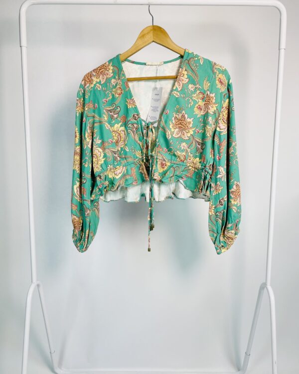 Blusa crpped verde com estampa bege florida 'Nine' NV - M - VENDIDO SISTEMA OTO