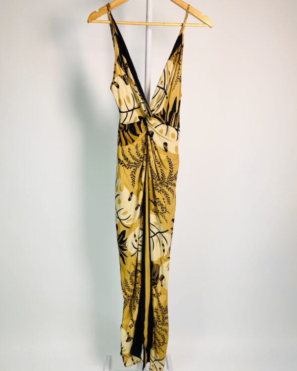 Vestido curto com sobreposição estamp marrom e preto alças finas drapeado busto FARM - P - VENDIDO SISTEMA OTO