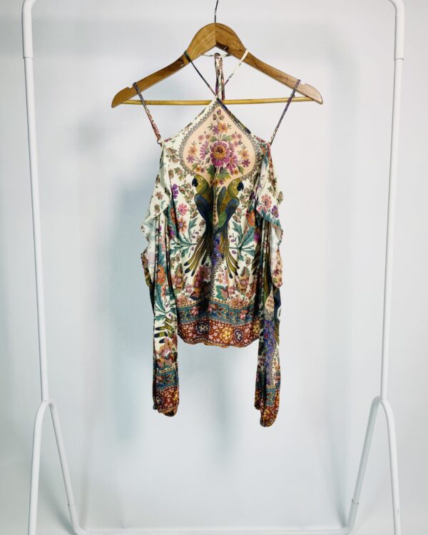 Blusa off white estampa arara azul com amarrações FARM - P