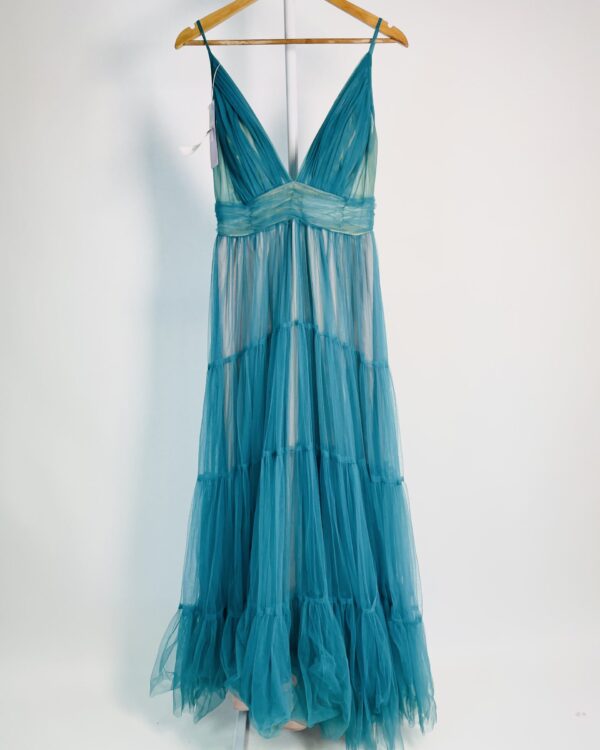 Vestido longo tule verde decote v alça fina BLESSED - M - VENDIDO SISTEMA OTO