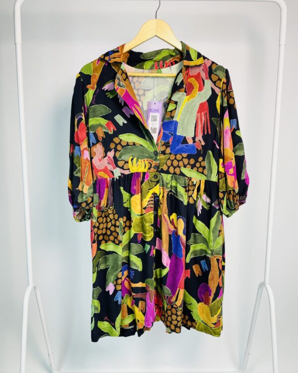 Vestido curto preto estampa colorida botões na frente FARM - G - VENDIDO SISTEMA OTO