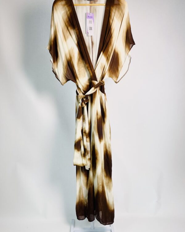 Vestido off gelo com estampa marrom decote v ABSOLUTTI - G - VENDIDO SISTEMA OTO