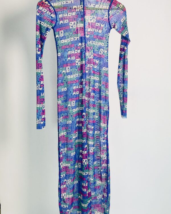 Vestido midi tule manga longa azul estampado COSMO - P *nunca usado* - VENDIDO SISTEMA OTTO