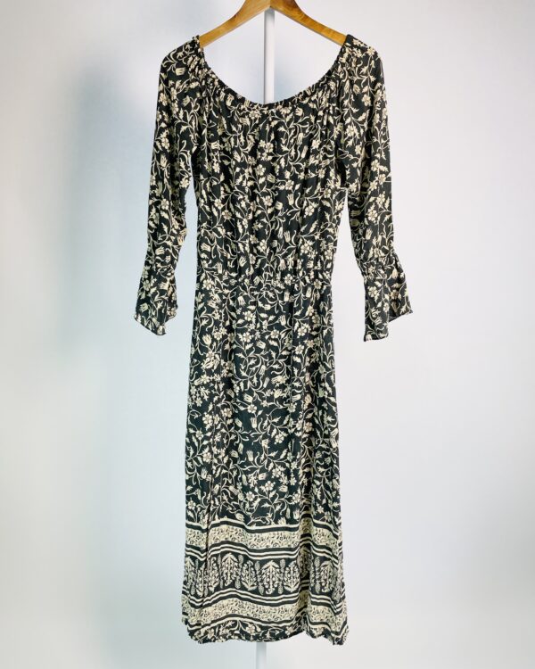 Vestido seda midi ombro a ombro preto e bege estampado ATEEN - 40 - VENDIDO SISTEMA OTO