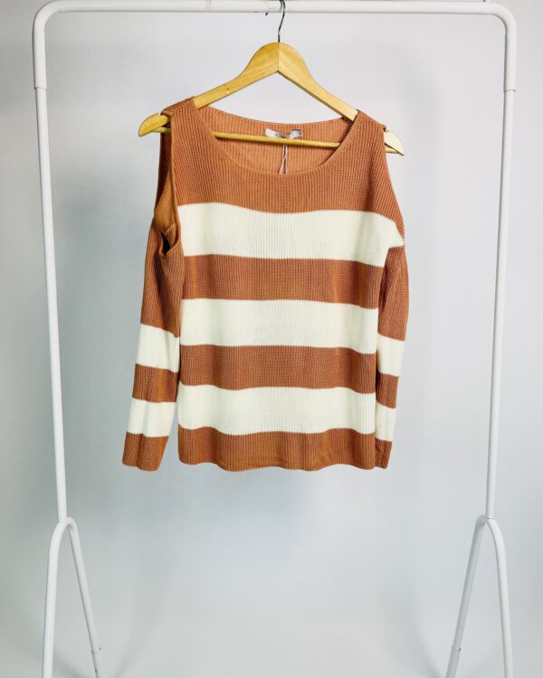 Blusa tricot listrada terracota e off white ombro vazado ATEEN - P *nunca usado* - VENDIDO SISTEMA OTO