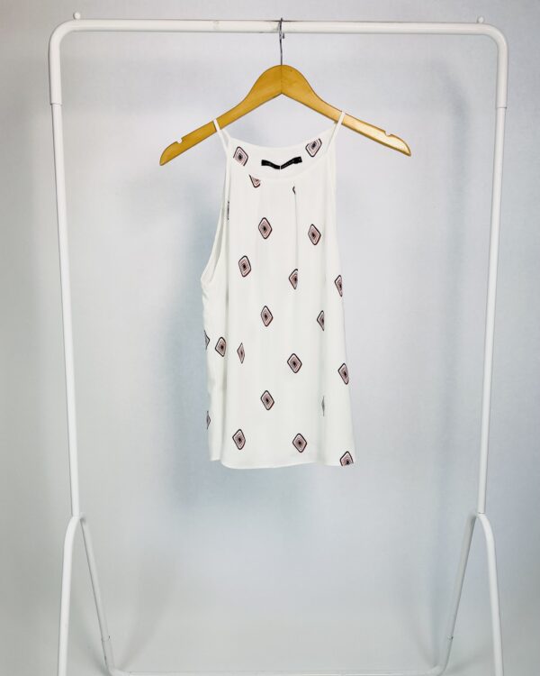 Vestido curto amplo azul estampado manga curta amarração no decote FARM - P - VENDIDO SISTEMA OTO