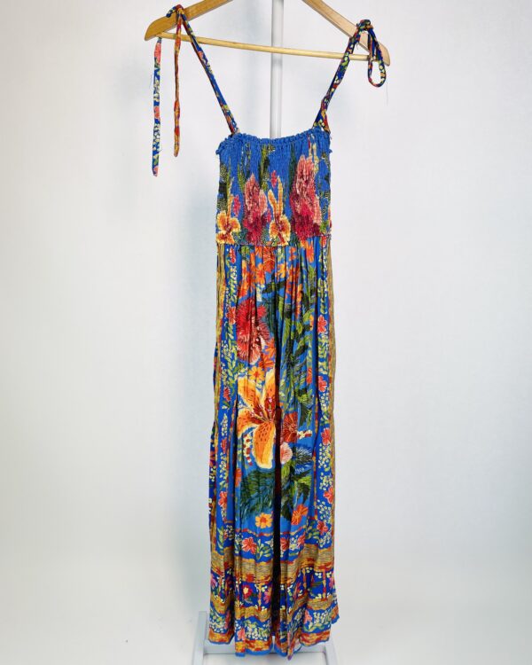 Vestido azul estampa colorida com lastex no busto FARM - P - VENDIDO SIST OTO