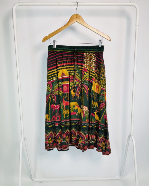 Saia midi verde estampa rosa e amarela com elástico na cintura FARM - G - VENDIDO SIST OTO