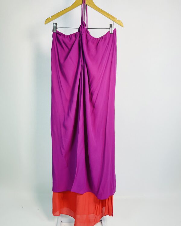 Vestido longo roxo e coral amarração no pescoço MARIA FILÓ - GG - VENDIDO SISTEMA OTO