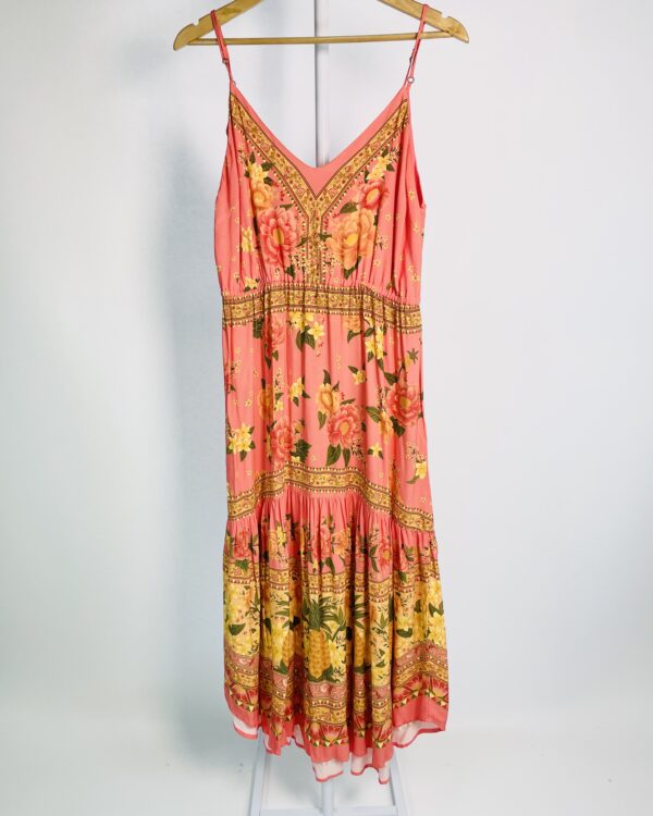 Vestido longo salmão com estampa amarela FARM - G - VENDIDO SIST OTO