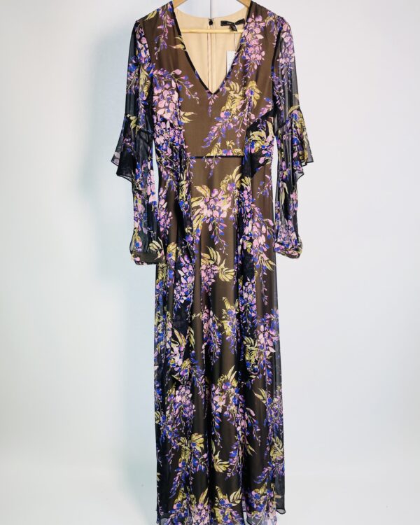 Vestido seda longo preto com flores roxas e rosas decote v BCBG - M